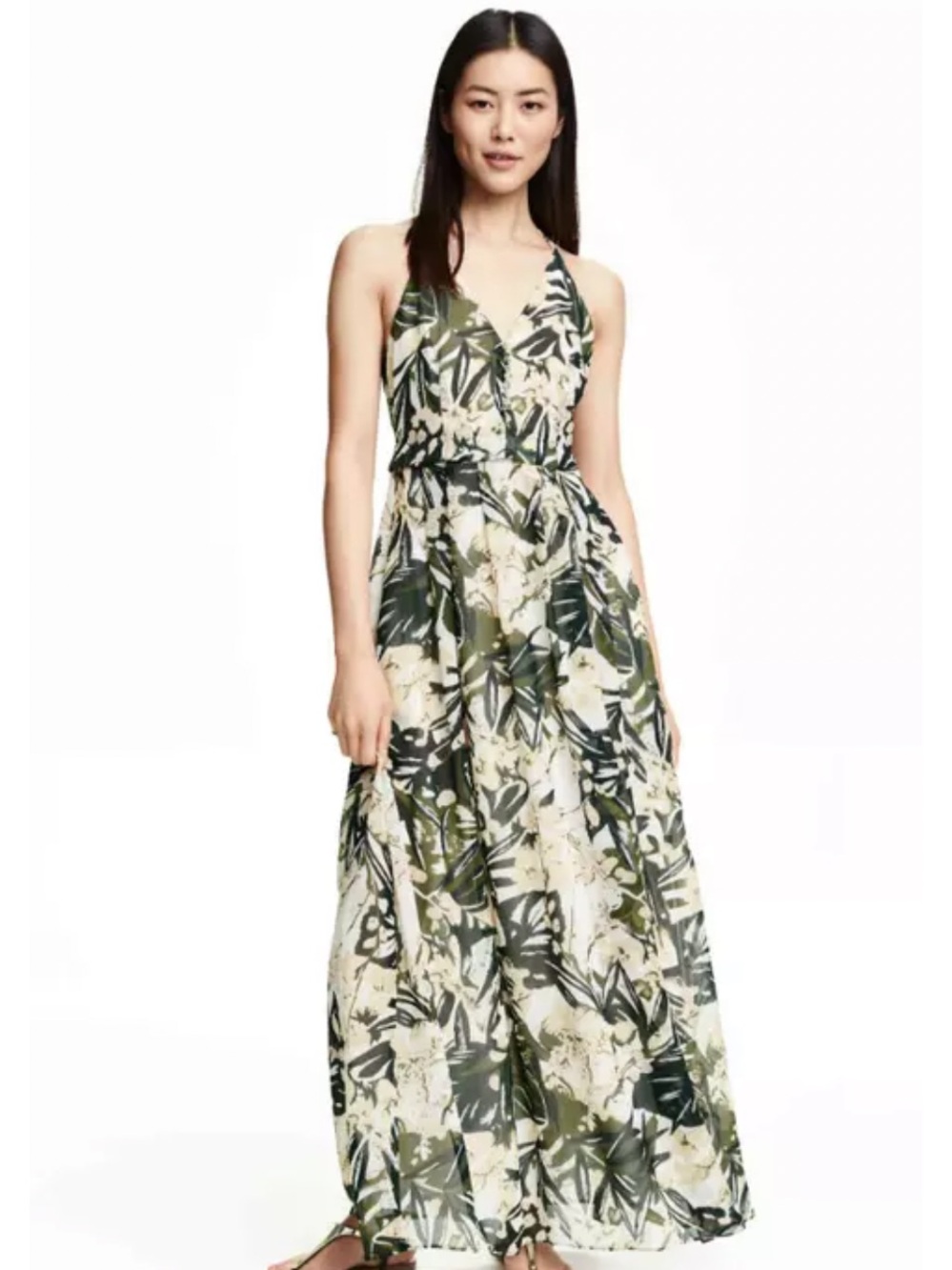 H&M tropical palm leaf print v-neck maxi dress size 6 sundress